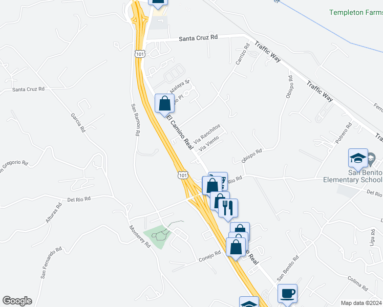 map of restaurants, bars, coffee shops, grocery stores, and more near 1680 El Camino Real in Atascadero