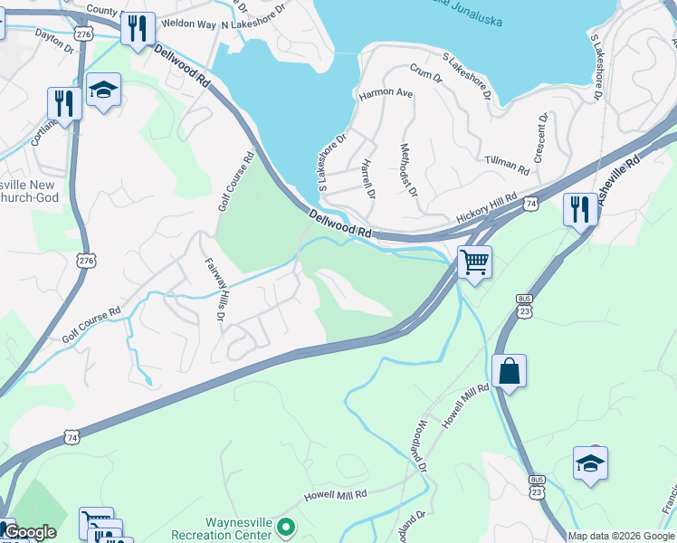 map of restaurants, bars, coffee shops, grocery stores, and more near 141 Aldersgate Road in Waynesville
