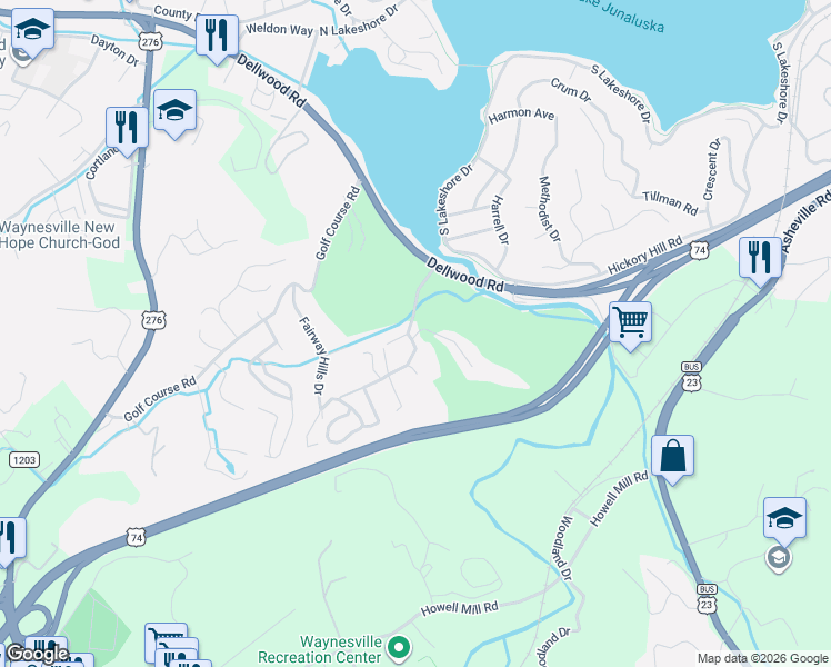 map of restaurants, bars, coffee shops, grocery stores, and more near 9 Charles Wesley Way in Waynesville