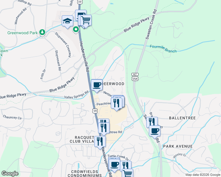 map of restaurants, bars, coffee shops, grocery stores, and more near 24 Nettlewood Drive in Asheville