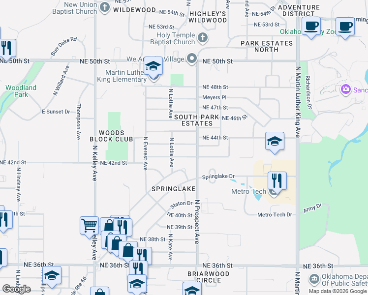 map of restaurants, bars, coffee shops, grocery stores, and more near 1401 Northeast 42nd Street in Oklahoma City