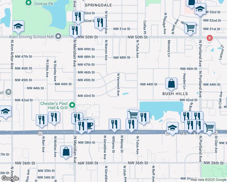 map of restaurants, bars, coffee shops, grocery stores, and more near 4213 Northwest 43rd Place in Oklahoma City