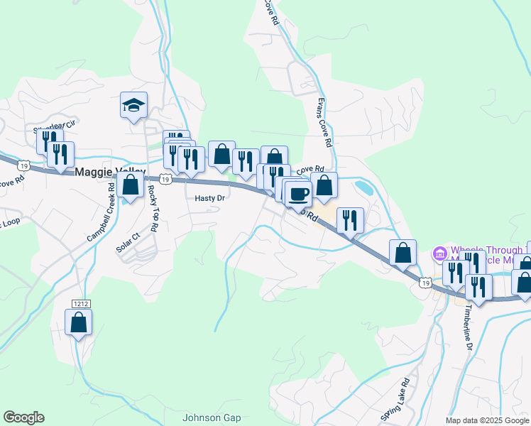 map of restaurants, bars, coffee shops, grocery stores, and more near 34 Twilight Road in Maggie Valley
