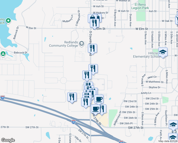 map of restaurants, bars, coffee shops, grocery stores, and more near 1805 South Country Club Road in El Reno