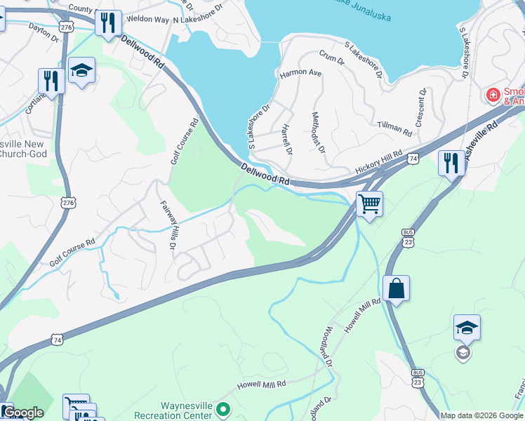 map of restaurants, bars, coffee shops, grocery stores, and more near 141 Aldersgate Road in Waynesville
