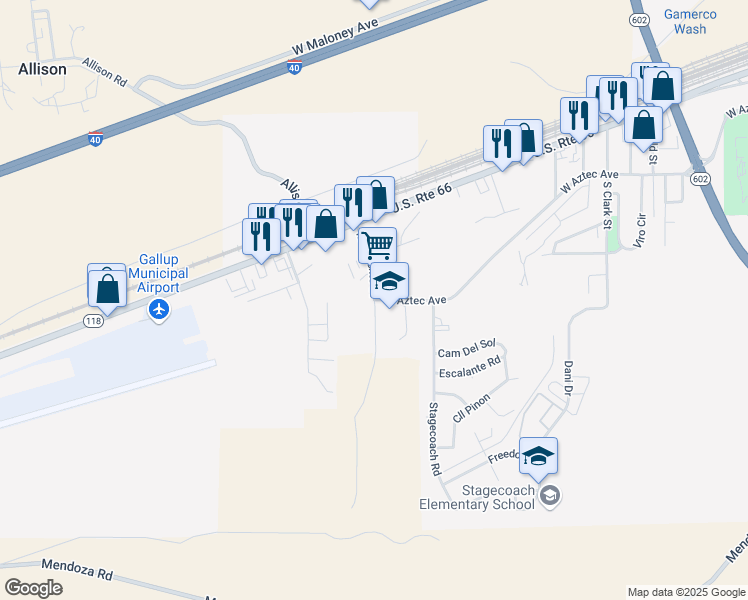 map of restaurants, bars, coffee shops, grocery stores, and more near 2534 West Aztec Avenue in Gallup