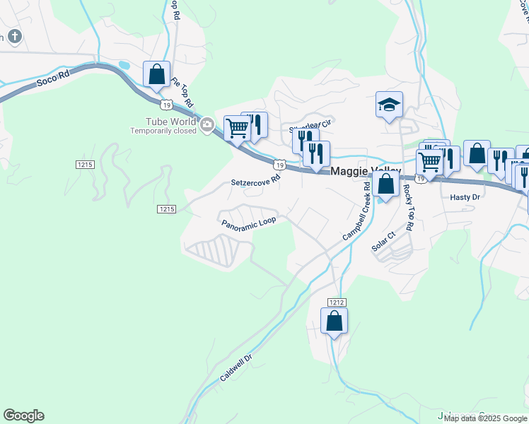 map of restaurants, bars, coffee shops, grocery stores, and more near 312 Panoramic Loop in Maggie Valley