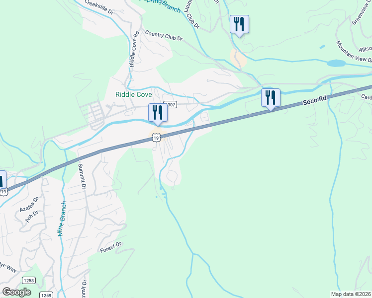 map of restaurants, bars, coffee shops, grocery stores, and more near 99 Turner Branch Road in Maggie Valley