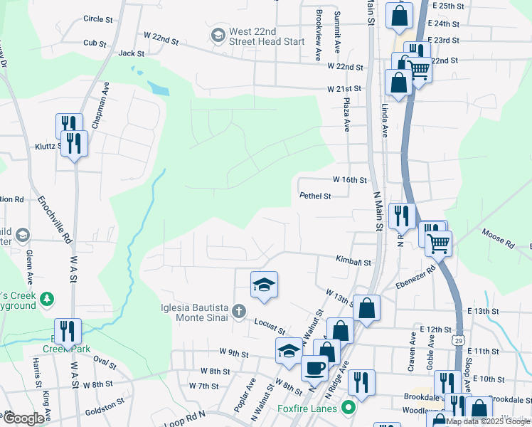 map of restaurants, bars, coffee shops, grocery stores, and more near 1415 Gary Street in Kannapolis