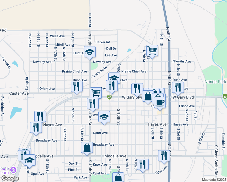 map of restaurants, bars, coffee shops, grocery stores, and more near 1023 West Gary Boulevard in Clinton