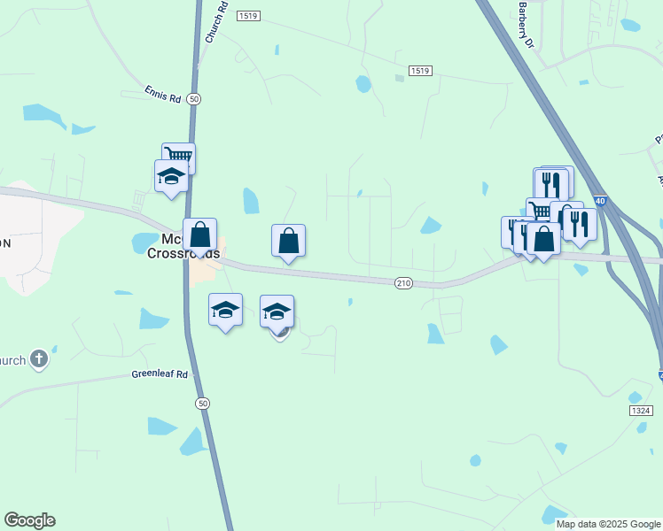 map of restaurants, bars, coffee shops, grocery stores, and more near 13032 North Carolina 210 in Benson