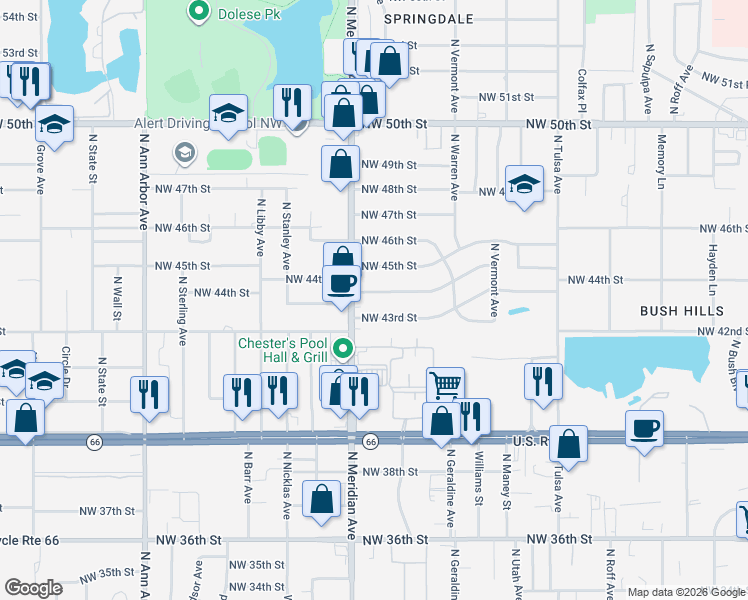 map of restaurants, bars, coffee shops, grocery stores, and more near 4424 Northwest 43rd Street in Oklahoma City