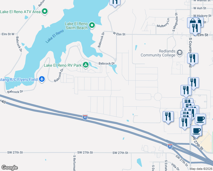 map of restaurants, bars, coffee shops, grocery stores, and more near 2213 Scarlet Lane in El Reno