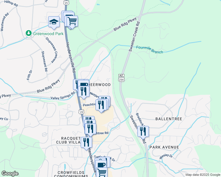 map of restaurants, bars, coffee shops, grocery stores, and more near 131 Cloverleaf Lane in Asheville