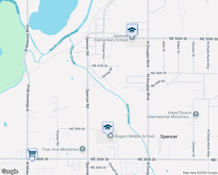 map of restaurants, bars, coffee shops, grocery stores, and more near 8711 Northeast 46th Street Terrace in Spencer