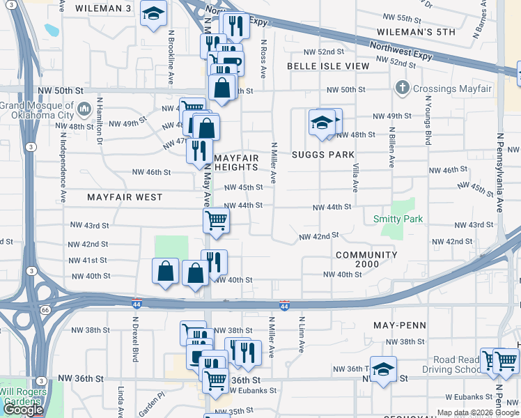 map of restaurants, bars, coffee shops, grocery stores, and more near 4412 North Steanson Drive in Oklahoma City