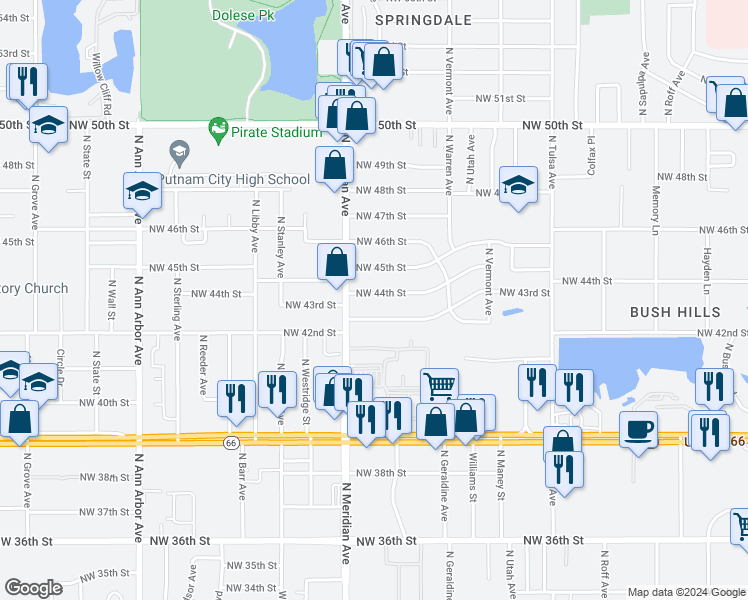 map of restaurants, bars, coffee shops, grocery stores, and more near 4416 Northwest 44th Street in Oklahoma City