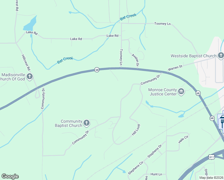 map of restaurants, bars, coffee shops, grocery stores, and more near 250 Community Drive in Madisonville