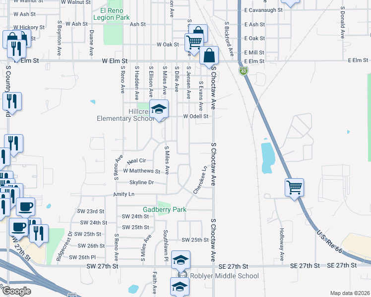 map of restaurants, bars, coffee shops, grocery stores, and more near 403 Jensen Drive in El Reno