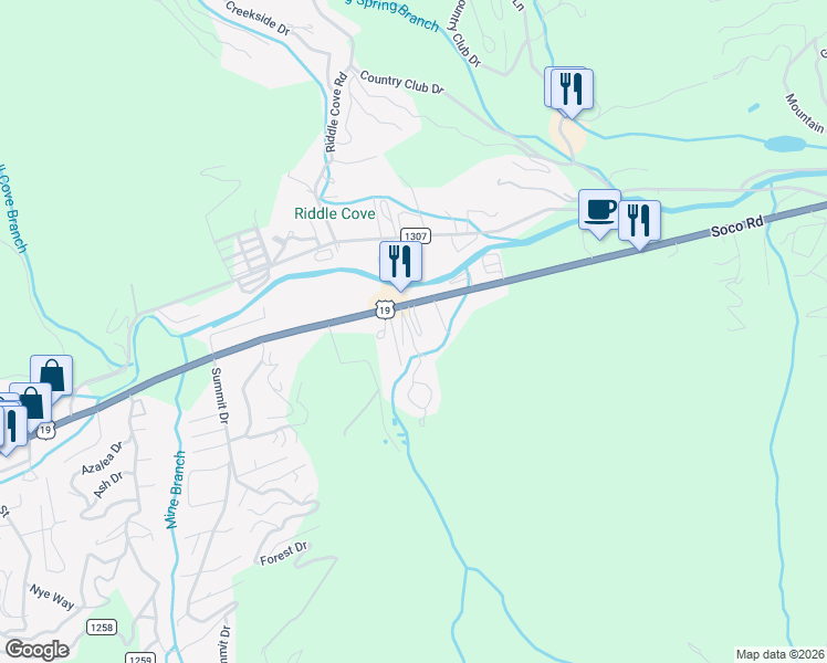 map of restaurants, bars, coffee shops, grocery stores, and more near 93 Mill Creek Road in Maggie Valley