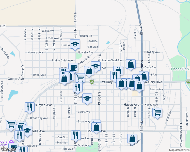 map of restaurants, bars, coffee shops, grocery stores, and more near 1023 West Gary Boulevard in Clinton