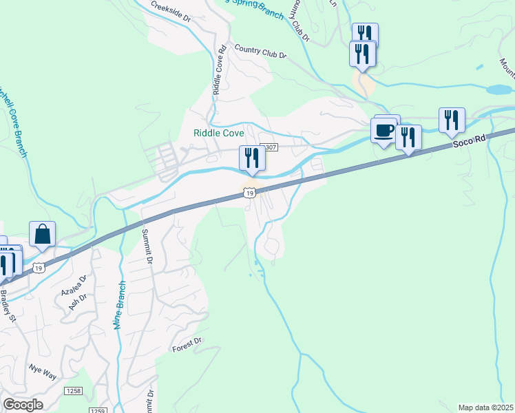 map of restaurants, bars, coffee shops, grocery stores, and more near 93 Mill Creek Road in Maggie Valley