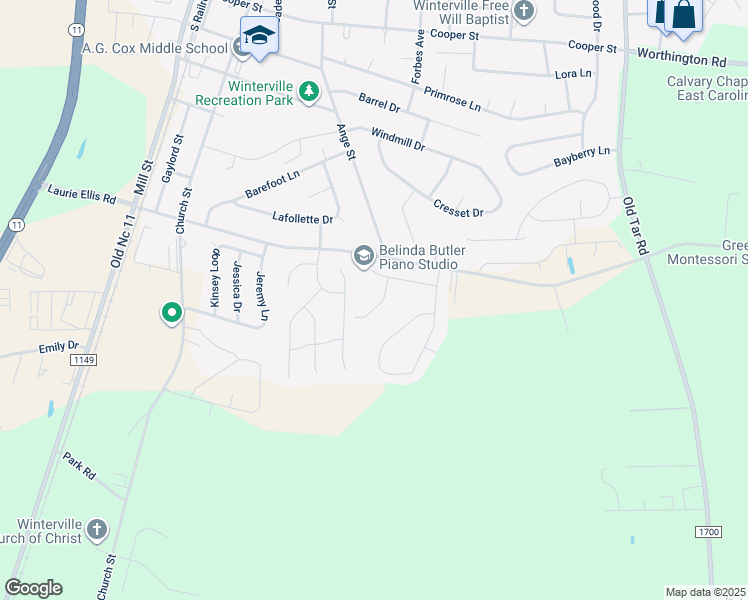 map of restaurants, bars, coffee shops, grocery stores, and more near 2826 Mockingbird Lane in Winterville