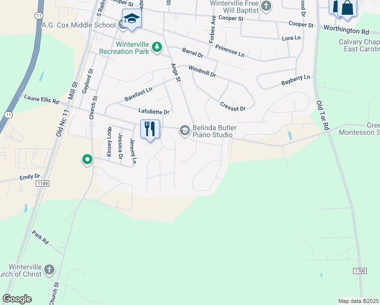 map of restaurants, bars, coffee shops, grocery stores, and more near 2826 Mockingbird Lane in Winterville