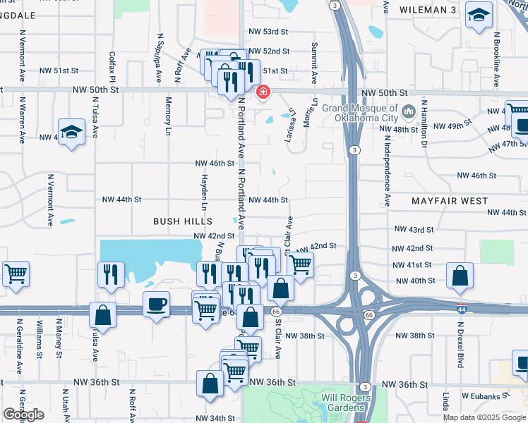 map of restaurants, bars, coffee shops, grocery stores, and more near 3621 Northwest 44th Street in Oklahoma City