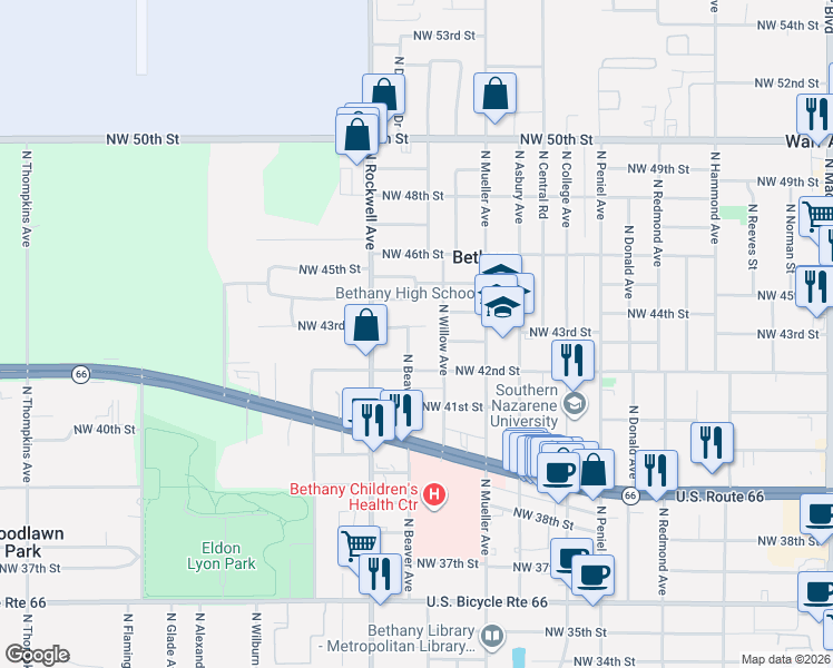 map of restaurants, bars, coffee shops, grocery stores, and more near 7008 Northwest 44th Street in Bethany