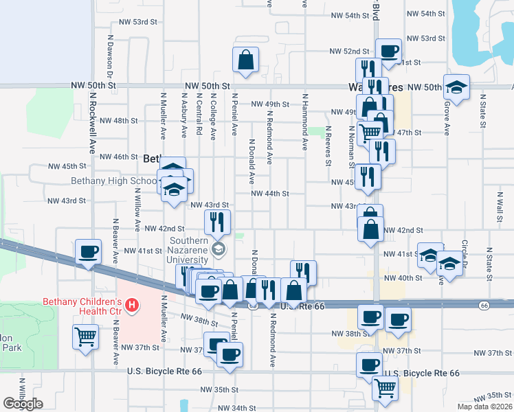 map of restaurants, bars, coffee shops, grocery stores, and more near 4501 North Redmond Avenue in Bethany