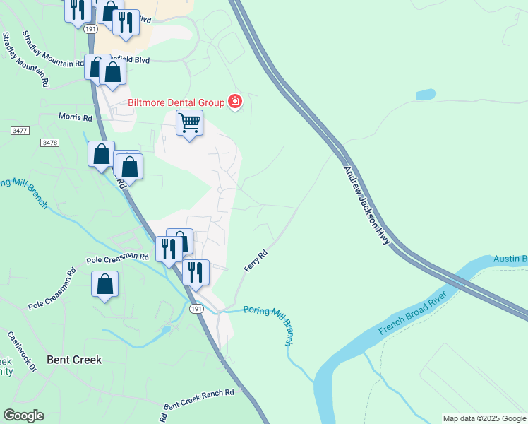 map of restaurants, bars, coffee shops, grocery stores, and more near 35 Knob Hill Road in Asheville