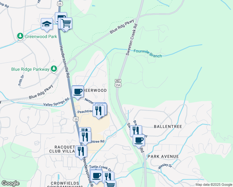map of restaurants, bars, coffee shops, grocery stores, and more near 2487 Sweeten Creek Road in Asheville