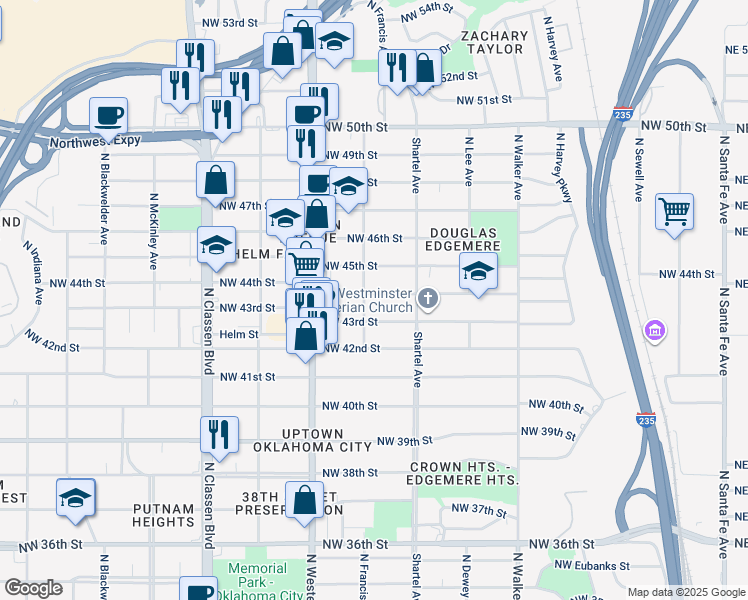 map of restaurants, bars, coffee shops, grocery stores, and more near 832 Northwest 45th Street in Oklahoma City