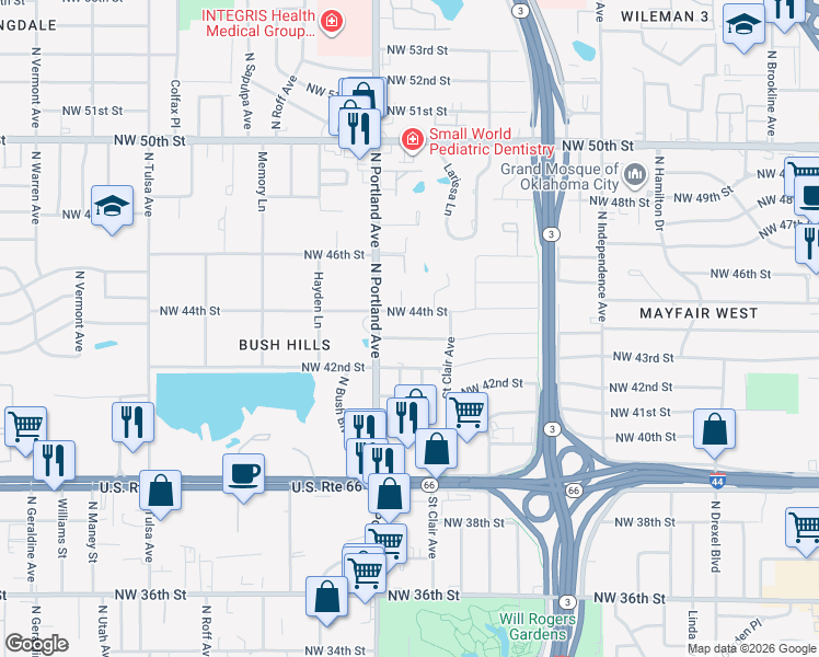 map of restaurants, bars, coffee shops, grocery stores, and more near 3621 Northwest 44th Street in Oklahoma City
