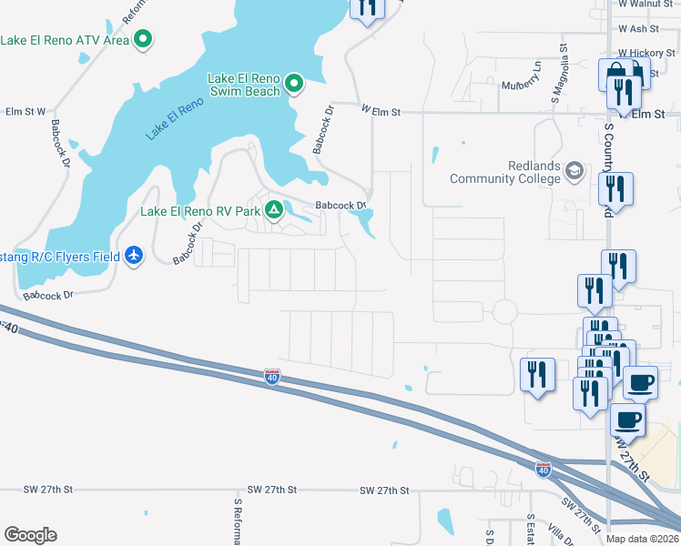 map of restaurants, bars, coffee shops, grocery stores, and more near 1507 Crimson Lake Boulevard in El Reno