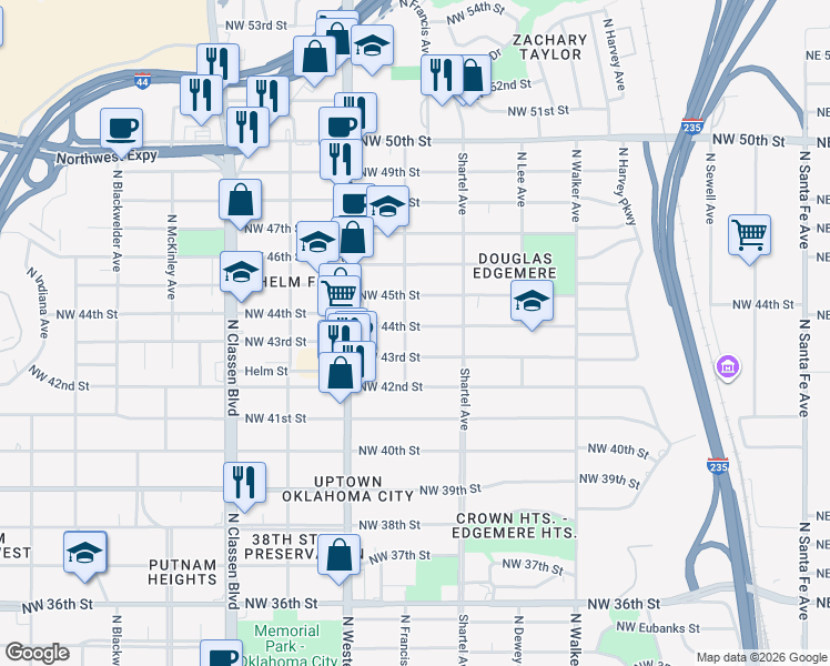 map of restaurants, bars, coffee shops, grocery stores, and more near 840 Northwest 44th Street in Oklahoma City