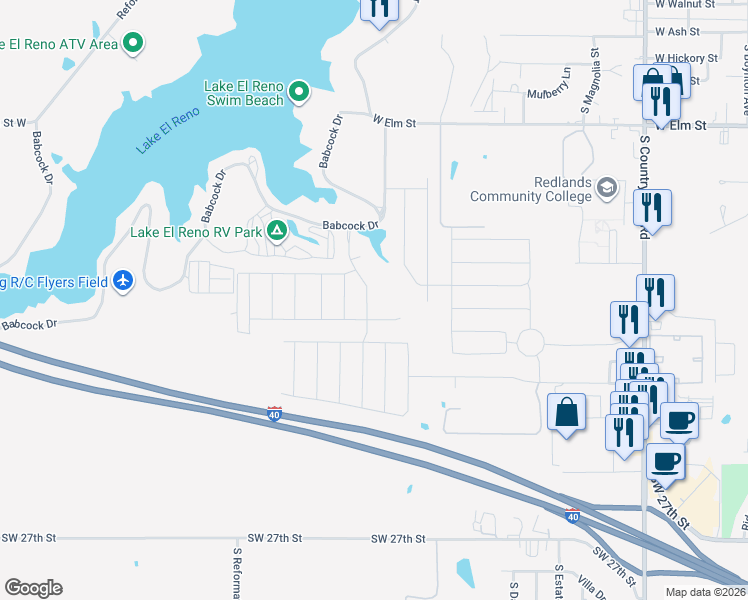 map of restaurants, bars, coffee shops, grocery stores, and more near 1507 Crimson Lake Boulevard in El Reno
