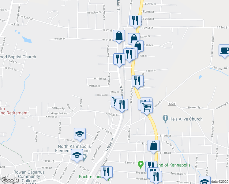 map of restaurants, bars, coffee shops, grocery stores, and more near 122 Mary Street in Kannapolis