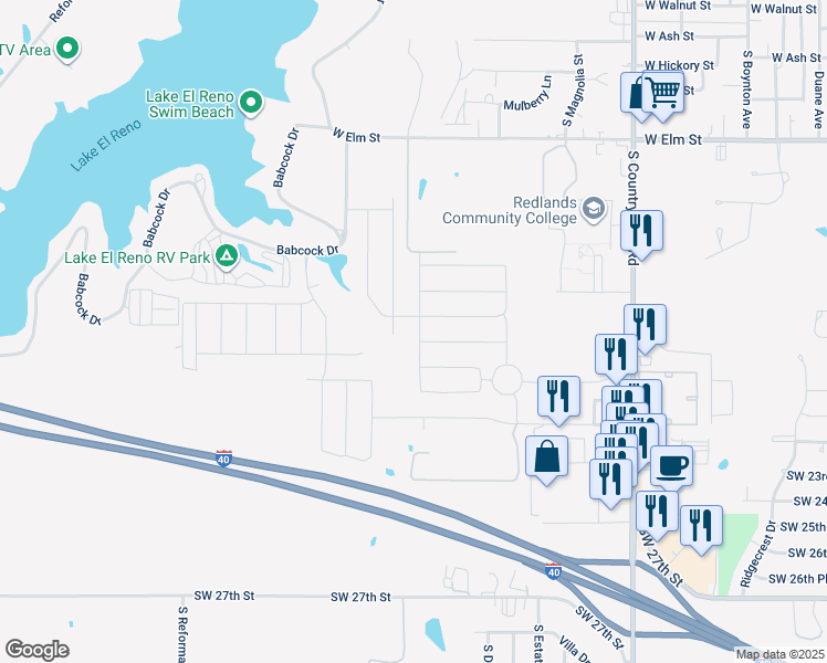 map of restaurants, bars, coffee shops, grocery stores, and more near 1708 Eighty-Niner Ter in El Reno