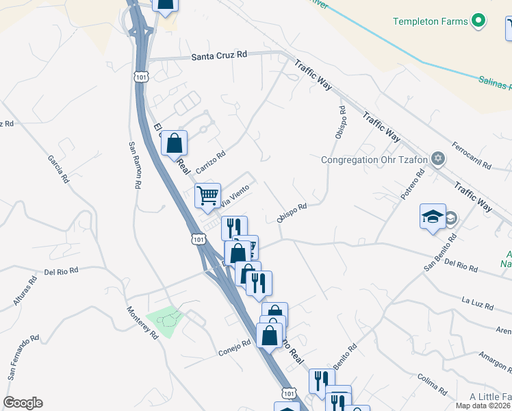 map of restaurants, bars, coffee shops, grocery stores, and more near 1793 South Mirasol Way in Atascadero