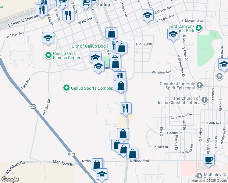 map of restaurants, bars, coffee shops, grocery stores, and more near 1300 Elva Drive in Gallup