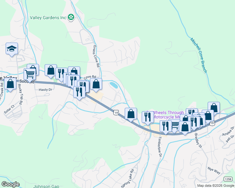 map of restaurants, bars, coffee shops, grocery stores, and more near 210 Wade Reece Way in Maggie Valley