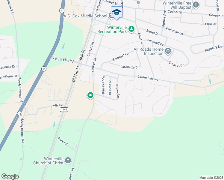 map of restaurants, bars, coffee shops, grocery stores, and more near 2925B Jessica Drive in Winterville