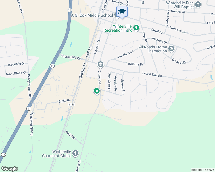 map of restaurants, bars, coffee shops, grocery stores, and more near 2982 Kinsey Loop in Winterville