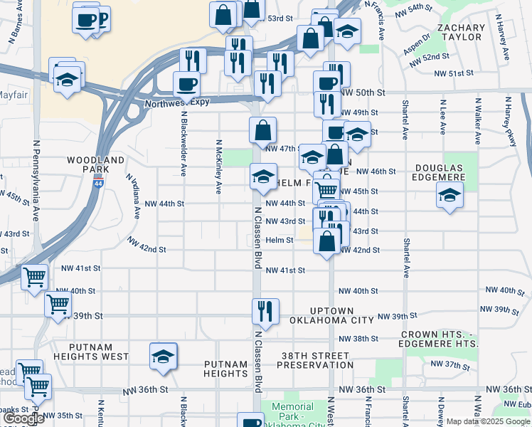 map of restaurants, bars, coffee shops, grocery stores, and more near 4501 North Classen Boulevard in Oklahoma City