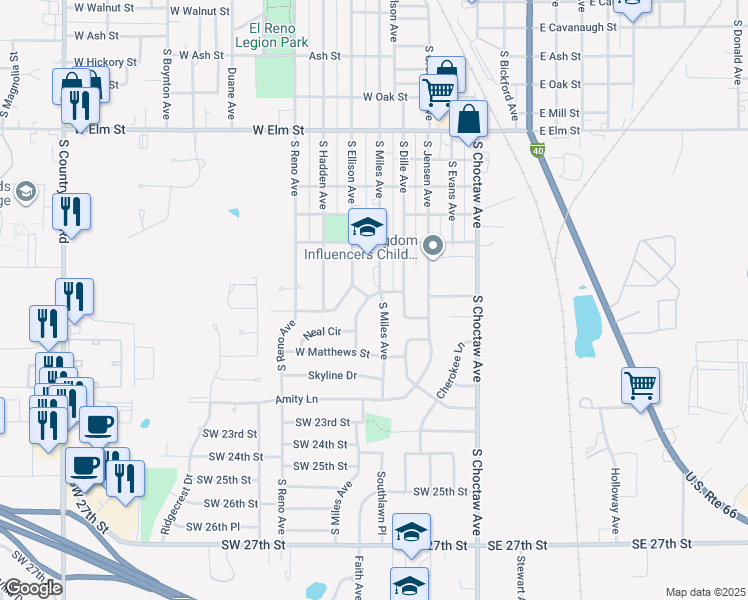map of restaurants, bars, coffee shops, grocery stores, and more near 1317 South Miles Avenue in El Reno