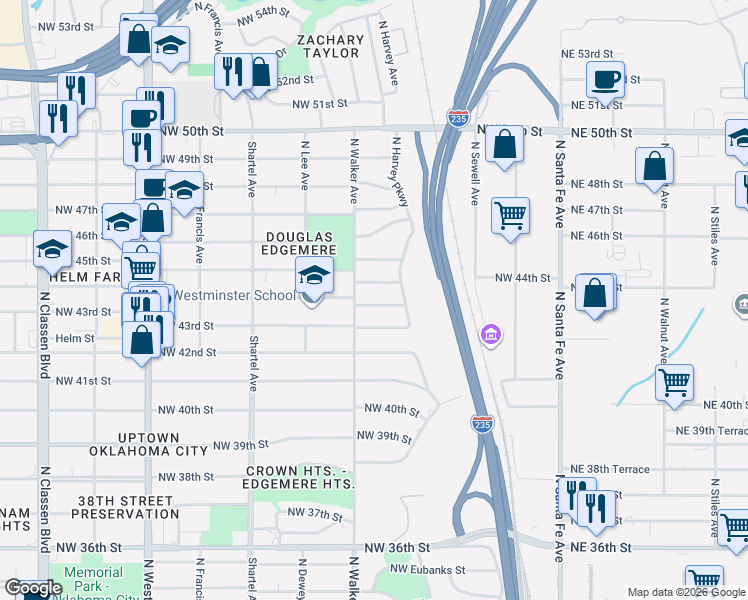 map of restaurants, bars, coffee shops, grocery stores, and more near 412 Northwest 45th Street in Oklahoma City