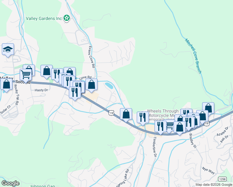 map of restaurants, bars, coffee shops, grocery stores, and more near 210 Wade Reece Way in Maggie Valley