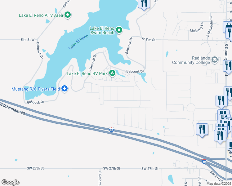 map of restaurants, bars, coffee shops, grocery stores, and more near 1411 Babcock Drive in El Reno